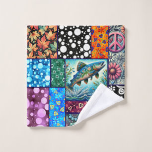 Salmon Crazy Quilt Floral Whimsical Colourful Wash Cloth