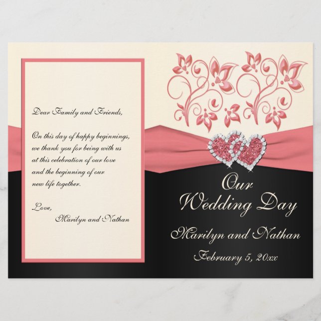 Salmon, Cream and Black Floral Wedding Program (Front)