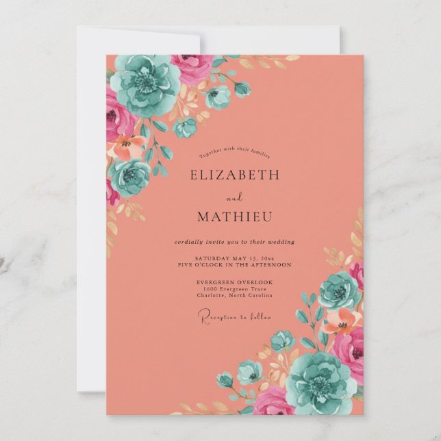 Salmon Cyan Peony Wedding Invitation (Front)