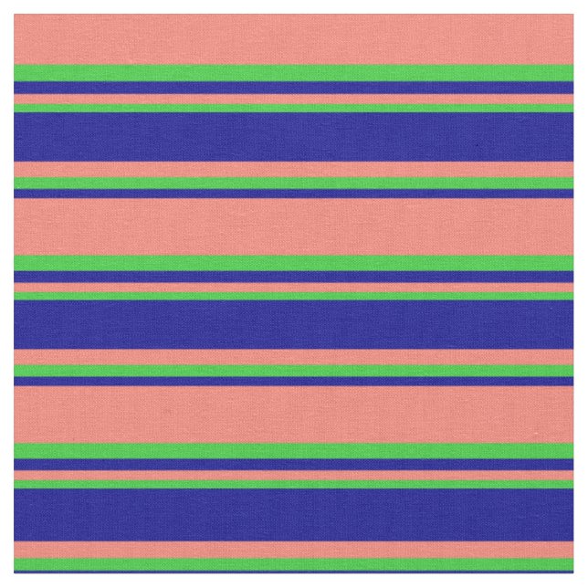 Salmon, Dark Blue & Lime Green Coloured Lines Fabric (Close Up)