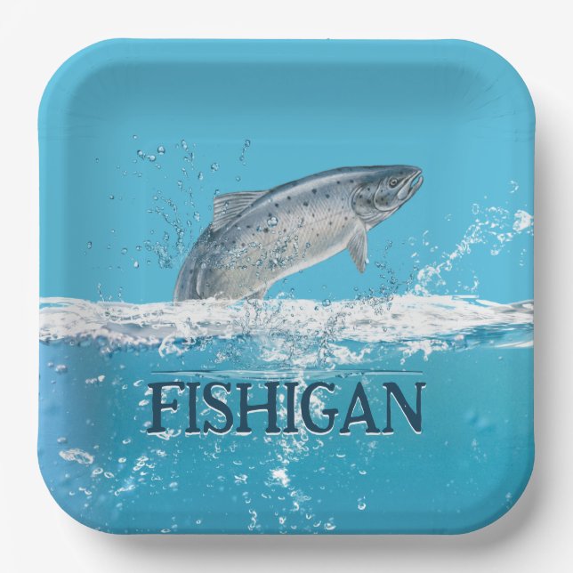 Salmon Fish In Water With Michigan Text Paper Plate (Front)