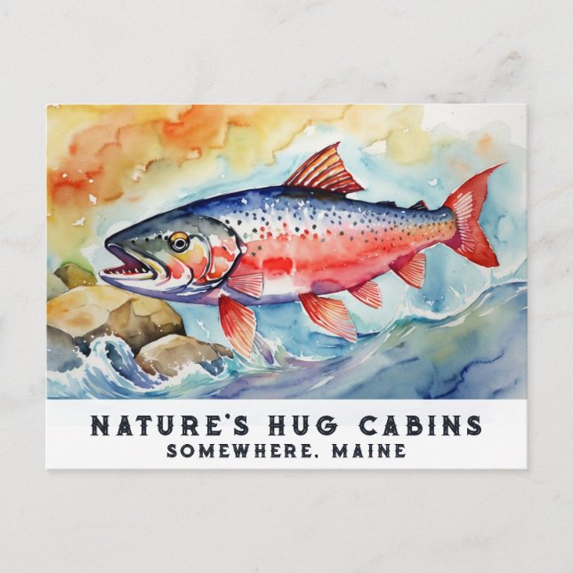 *~* Salmon Fish Rocks AP49 Artsy  Painting Maine Holiday Postcard (Front)