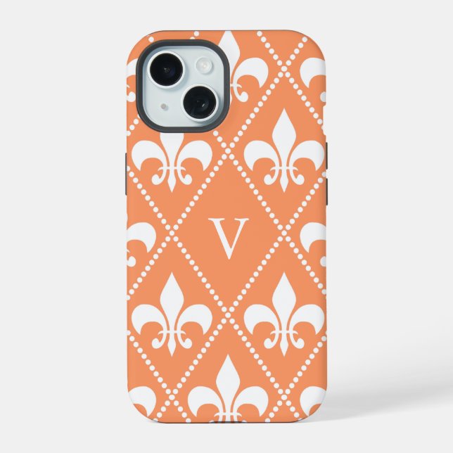 Salmon Fleur de Lis w/ monogram iPhone 15 Case (Back)