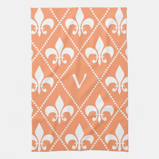 Salmon Fleur de Lis with monogram initial Tea Towel (Vertical)