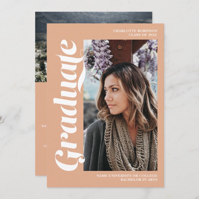 Salmon graduate script 3 photo graduation invitation (Front/Back)