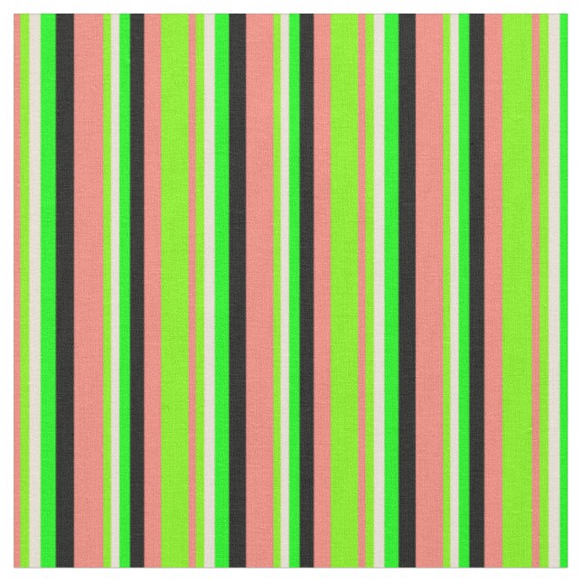 Salmon, Green, Bisque, Lime, and Black Lines Fabric (Close Up)