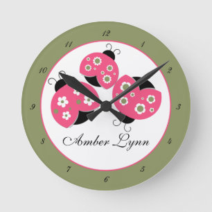 Salmon & Green Ladybugs Round Clock