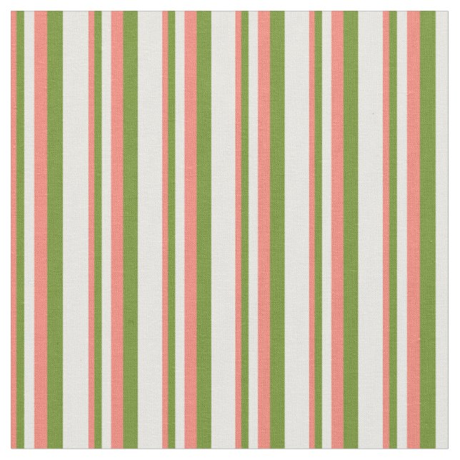 Salmon, Green & White Coloured Pattern of Stripes Fabric (Close Up)