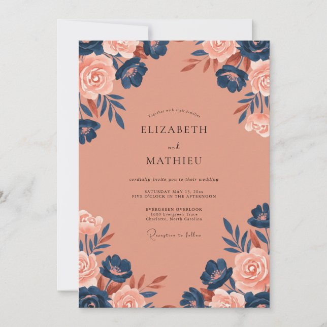 Salmon Indigo Petal Wedding Invitation (Front)
