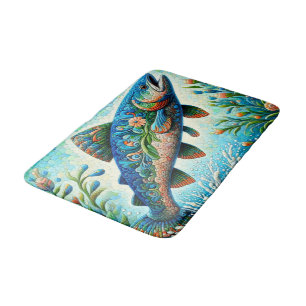 Salmon Jumping Mosaic Floral Blue Green Peach Bath Mat