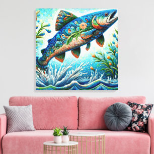 Salmon Jumping Mosaic Floral Blue Green Peach Canvas Print