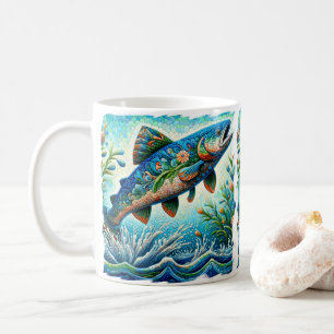 Salmon Jumping Mosaic Floral Blue Green Peach Coffee Mug