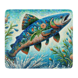Salmon Jumping Mosaic Floral Blue Green Peach Cutting Board