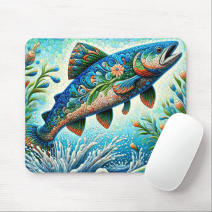 Salmon Jumping Mosaic Floral Blue Green Peach Mouse Mat