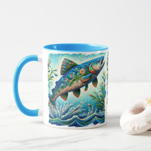 Salmon Jumping Mosaic Floral Blue Green Peach Mug