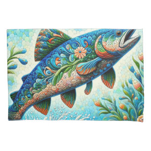 Salmon Jumping Mosaic Floral Blue Green Peach Pillowcase