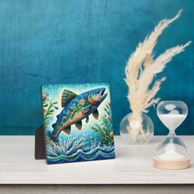 Salmon Jumping Mosaic Floral Blue Green Peach Plaque (Insitu)