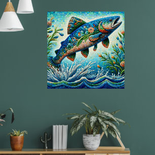 Salmon Jumping Mosaic Floral Blue Green Peach Poster