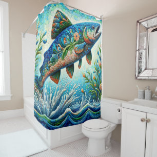 Salmon Jumping Mosaic Floral Blue Green Peach Shower Curtain