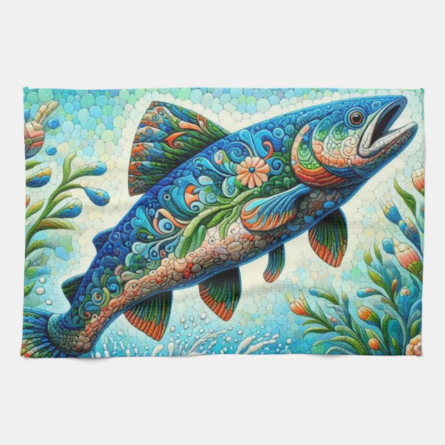 Salmon Jumping Mosaic Floral Blue Green Peach Tea Towel (Horizontal)