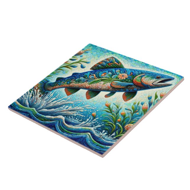 Salmon Jumping Mosaic Floral Blue Green Peach Tile (Side)