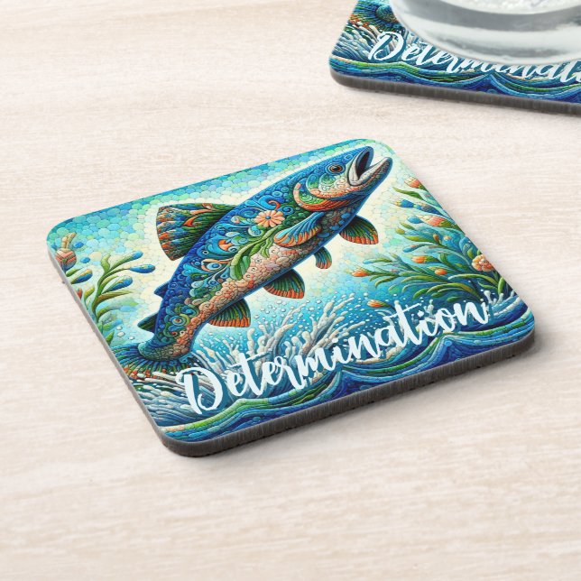 Salmon Jumping Mosaic Floral Blue Personalised Coaster (Left Side)