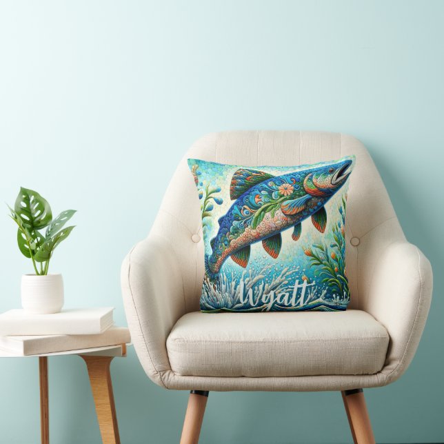 Salmon Jumping Mosaic Floral Blue Personalised Cushion (Chair)
