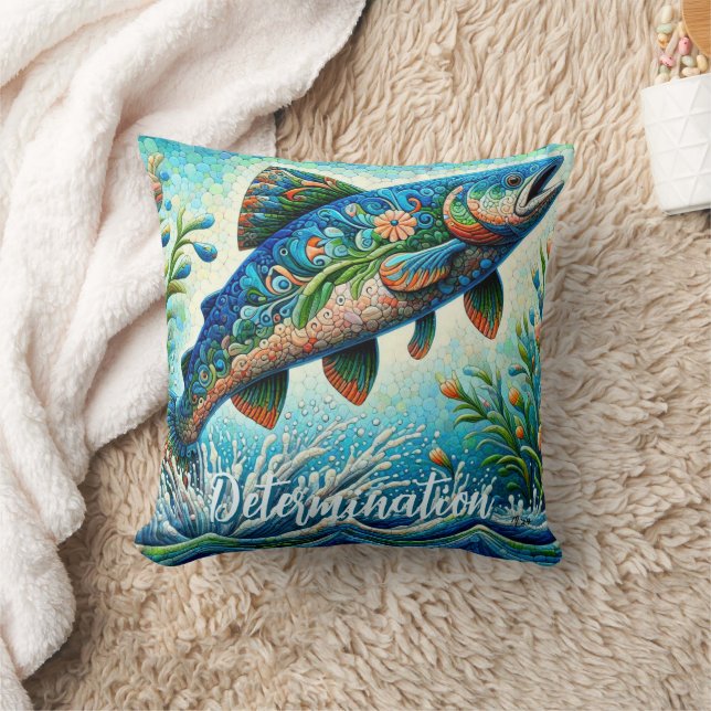 Salmon Jumping Mosaic Floral Blue Personalised Cushion (Blanket)