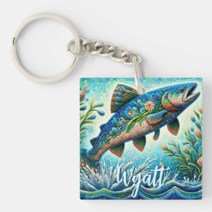 Salmon Jumping Mosaic Floral Blue Personalised Key Ring