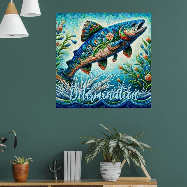 Salmon Jumping Mosaic Floral Blue Personalised Poster (Living Room 1)