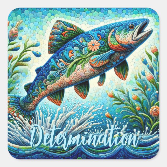 Salmon Jumping Mosaic Floral Blue Personalised Square Sticker (Front)