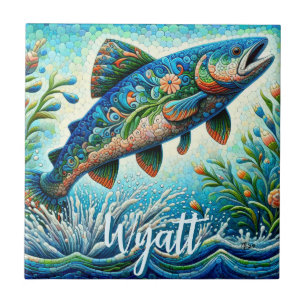 Salmon Jumping Mosaic Floral Blue Personalised Tile