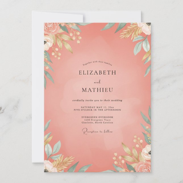 Salmon Leafy Wedding Invitation (Front)