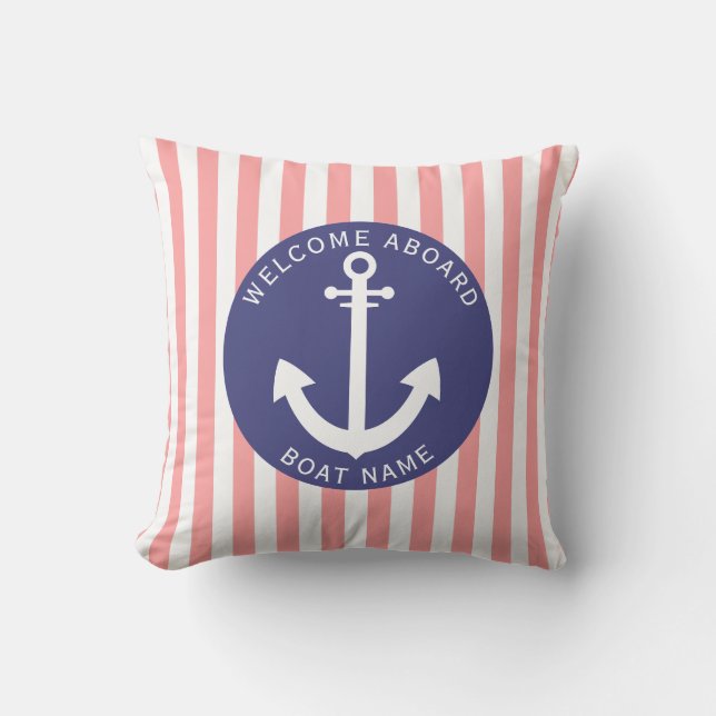 Salmon Navy Blue Stripe Boat Name Anchor Coastal Cushion (Front)