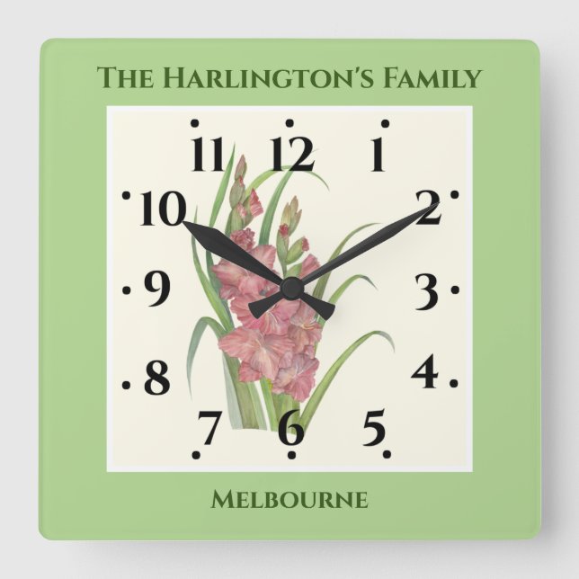 Salmon Peach Gladioli Watercolor Illustration Square Wall Clock (Front)