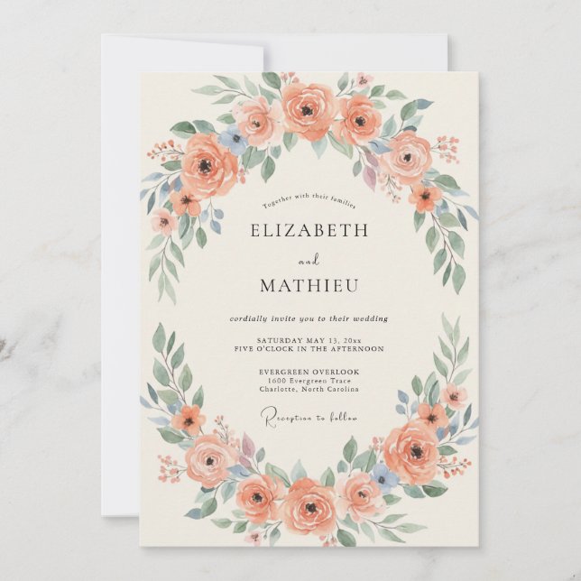Salmon Peony Wreath Wedding Invitation (Front)