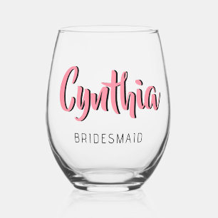 Salmon Pink 3D Modern Name Bridesmaid Stemless Wine Glass