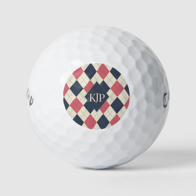Salmon Pink and Navy Argyle Pattern Golf Balls (Front)