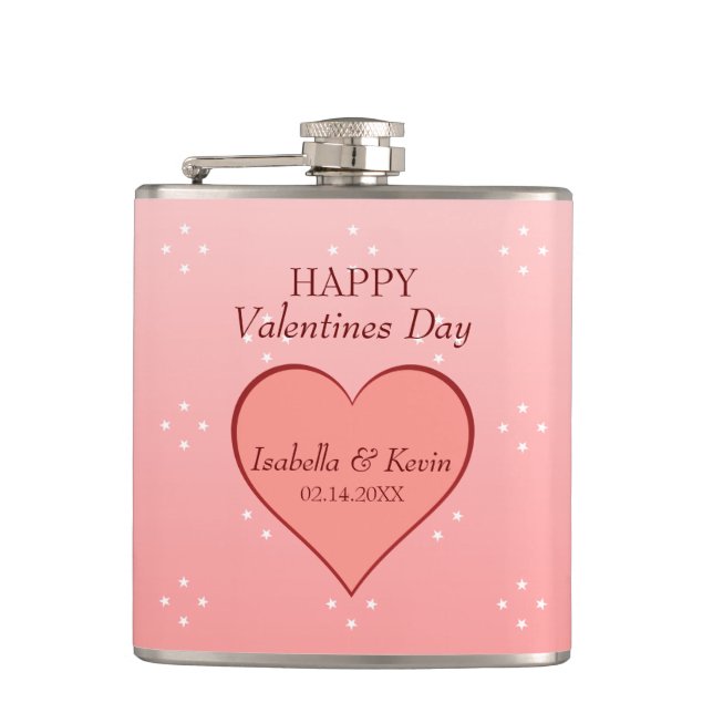 Salmon Pink and Red Hearts Hip Flask (Front)