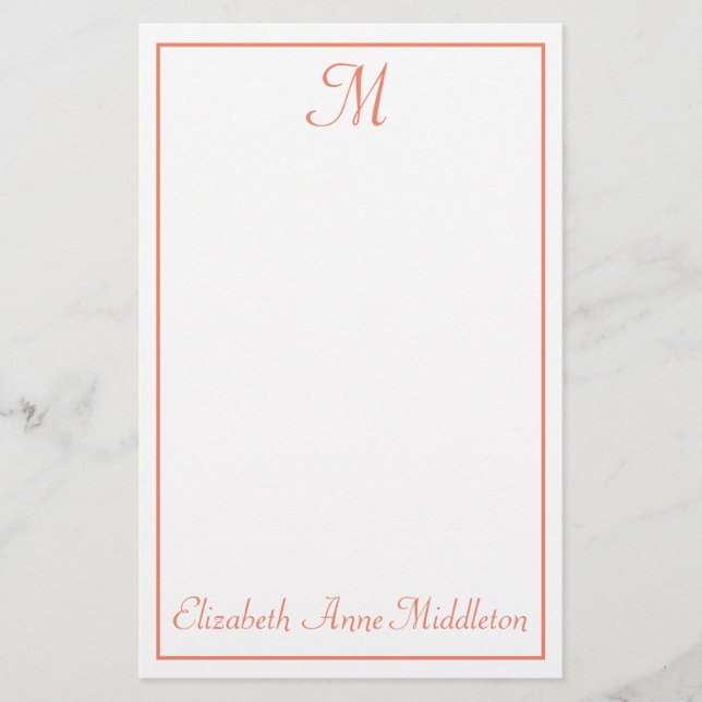 Salmon Pink and White Monogram Stationery (Front)