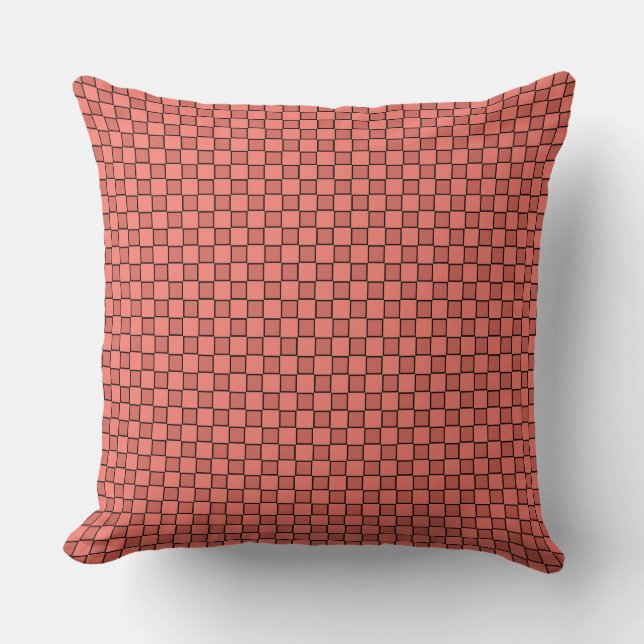 Salmon Pink Black Chequerboard Pattern Cushion (Front)