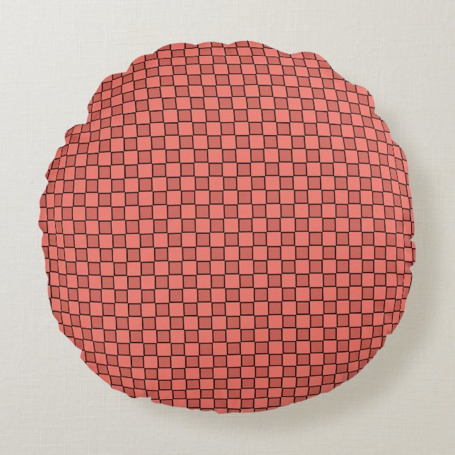 Salmon Pink Black Chequerboard Pattern Round Cushion (Front)