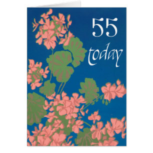 Salmon Pink Geraniums on Deep Blue, 55th Birthday