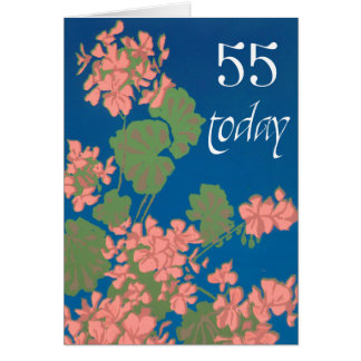 Salmon Pink Geraniums on Deep Blue, 55th Birthday