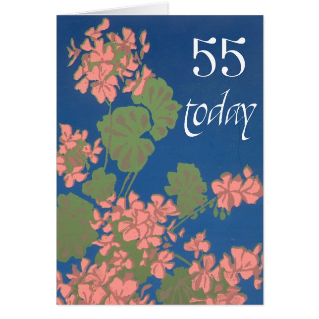Salmon Pink Geraniums on Deep Blue, 55th Birthday (Front)
