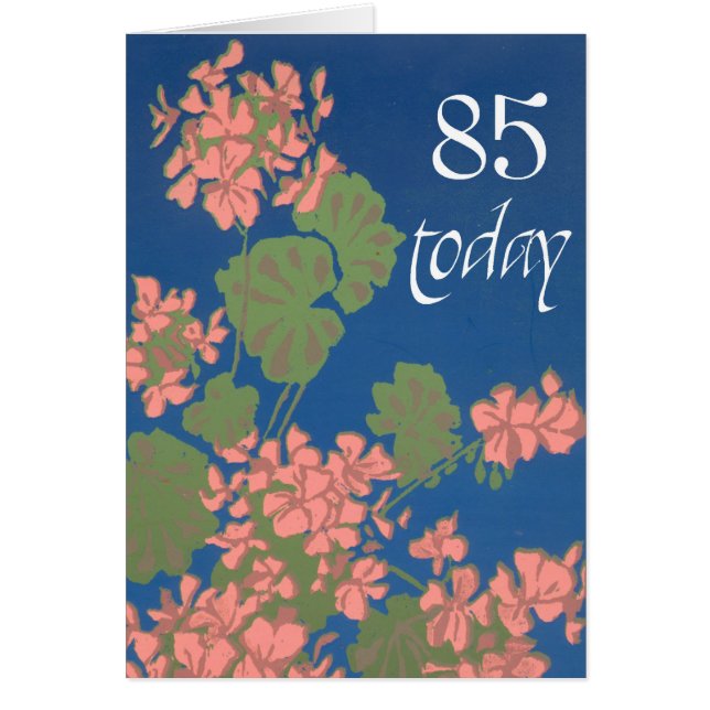 Salmon Pink Geraniums on Deep Blue, 85th Birthday (Front)