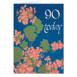 Salmon Pink Geraniums on Deep Blue, 90th Birthday