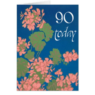 Salmon Pink Geraniums on Deep Blue, 90th Birthday