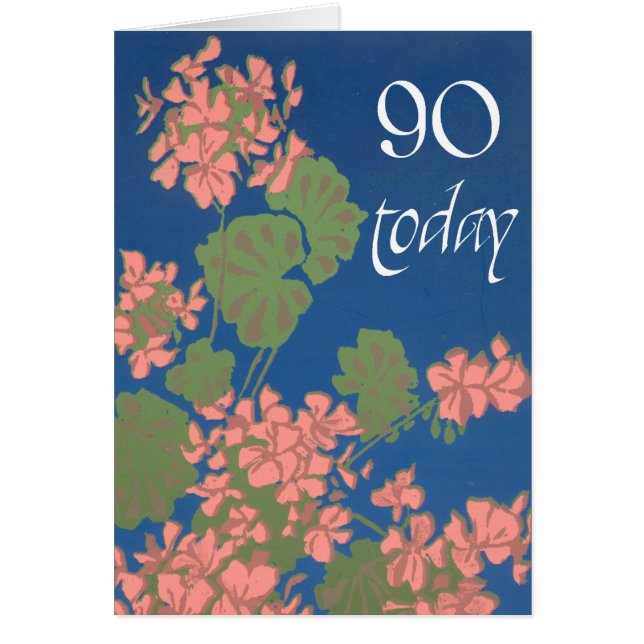 Salmon Pink Geraniums on Deep Blue, 90th Birthday (Front)
