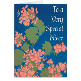 Salmon Pink Geraniums on Deep Blue for Niece